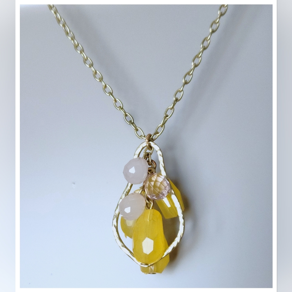 NWOT Gold-Tone Layered Chain Necklace with Yellow and Pink Bead Accents